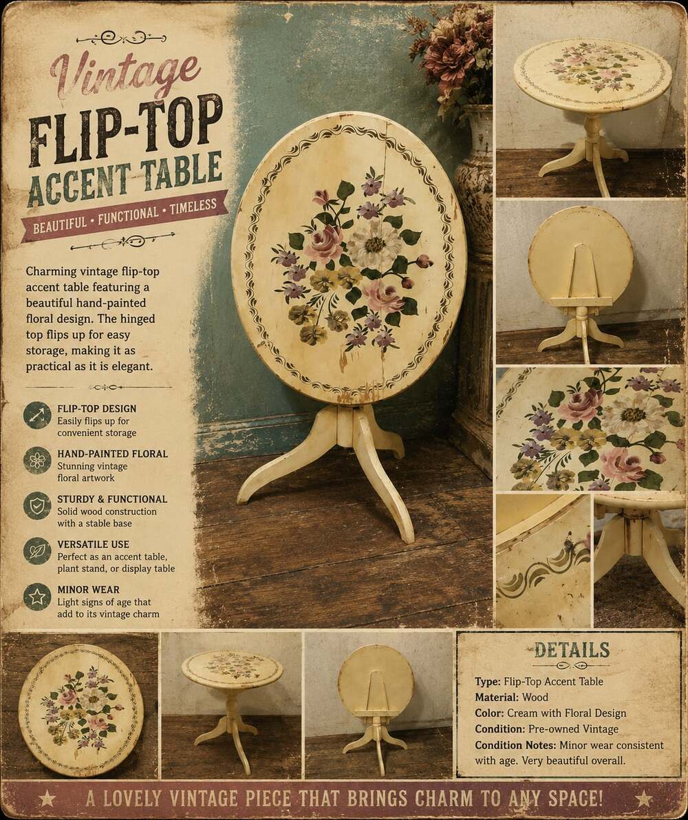 Vintage Tole Painted Oval Tilt-Top Side Table with Floral Design